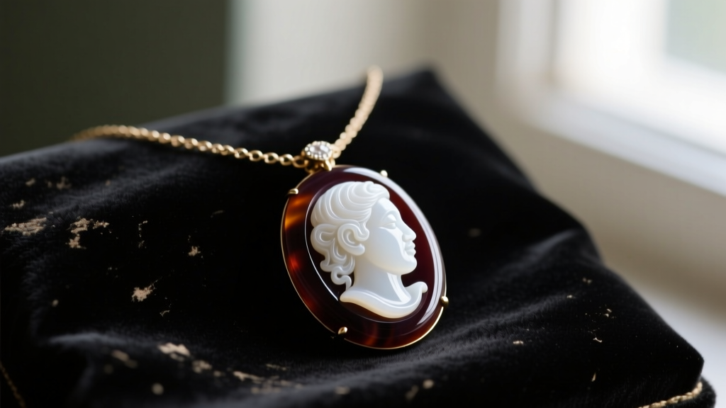 Close-up of a 1928 cameo necklace with a carved white agate profile on dark sardonyx, resting on faded black velvet in soft light