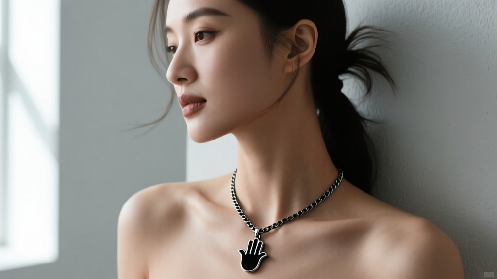 Woman wearing a black PVD titanium chain with a fine-line Hamsa hand pendant, soft window lighting highlighting her collarbone