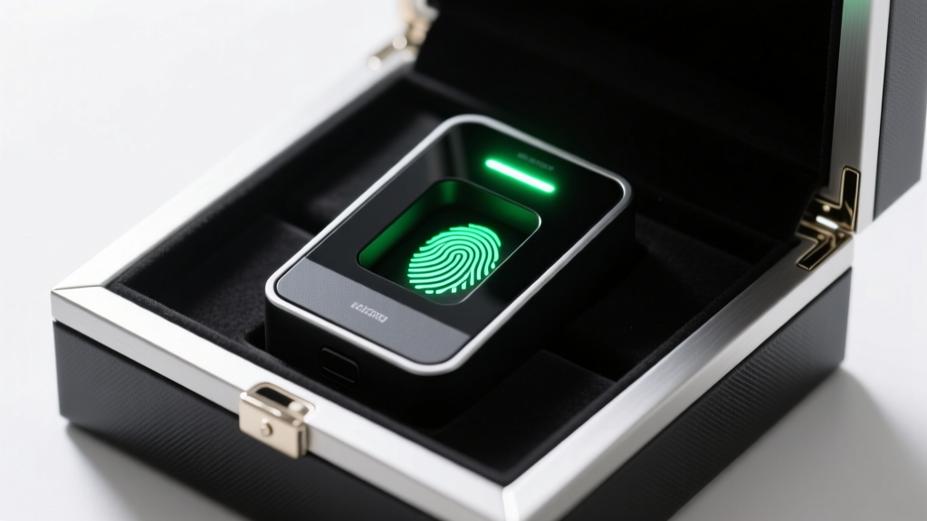 Top-down view of a sleek black biometric fingerprint scanner on a modern locked jewelry box, illuminated by a glowing green LED