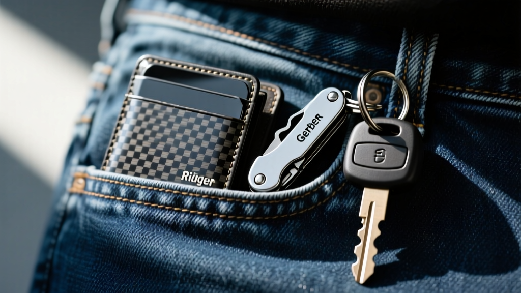 Close-up of a minimalist carbon fiber Ridge wallet and a Gerber Dime multi-tool resting next to a set of car keys in a jeans coin pocket.