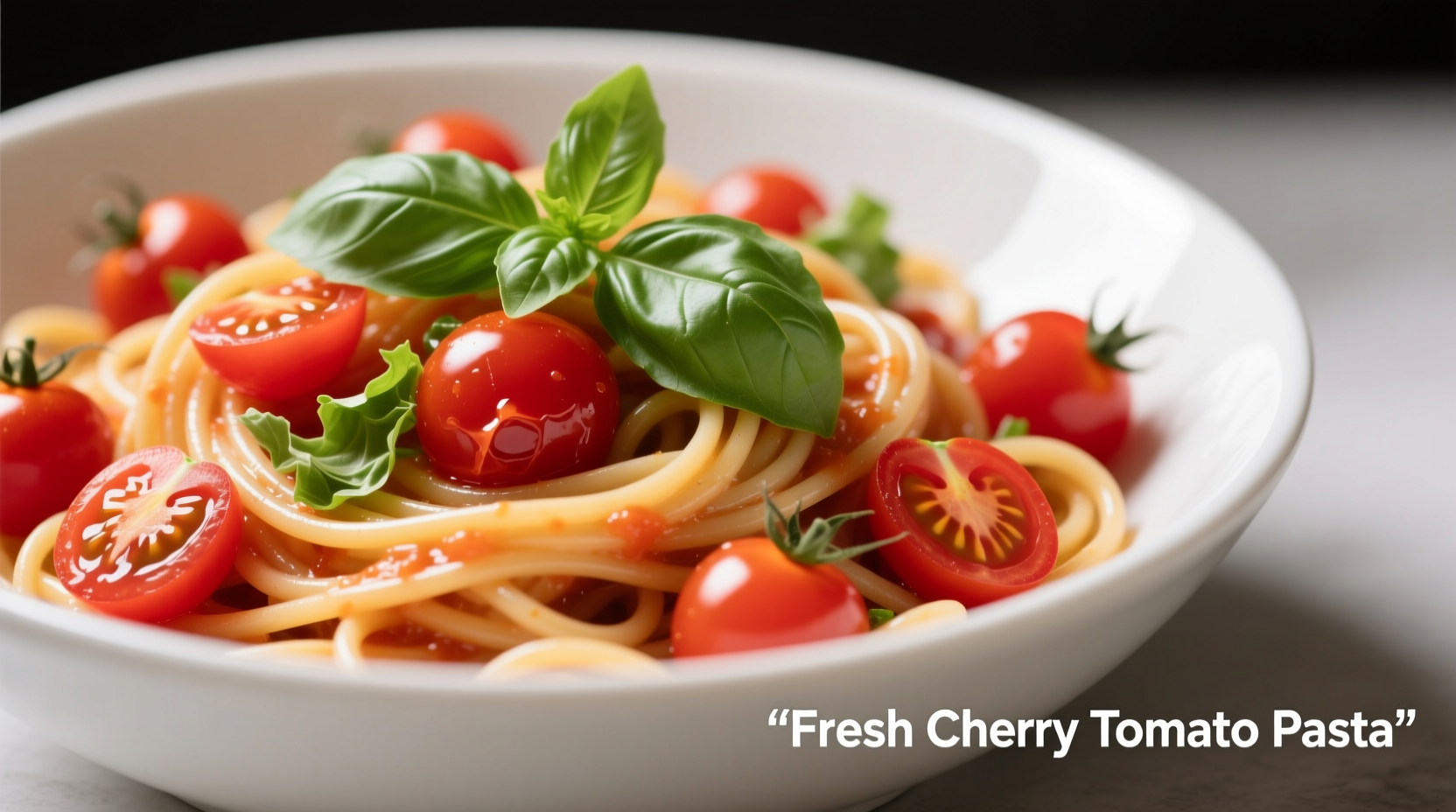 Fresh cherry tomato pasta in white bowl with basil garnish