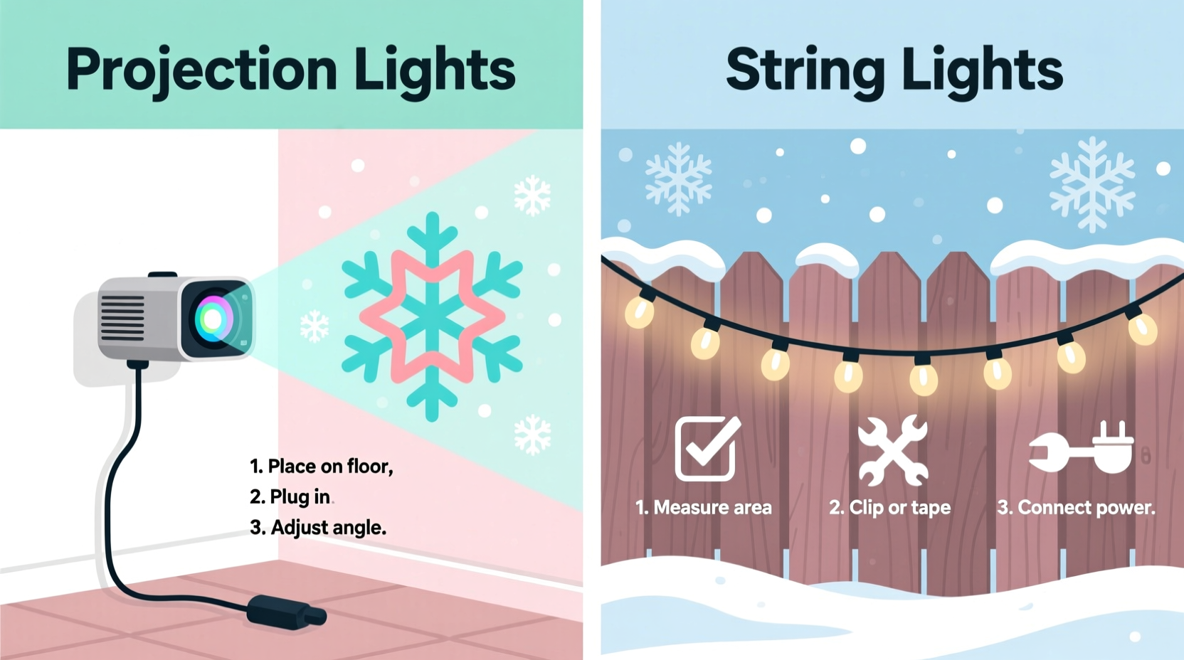christmas projection lights vs string lights which are easier to install