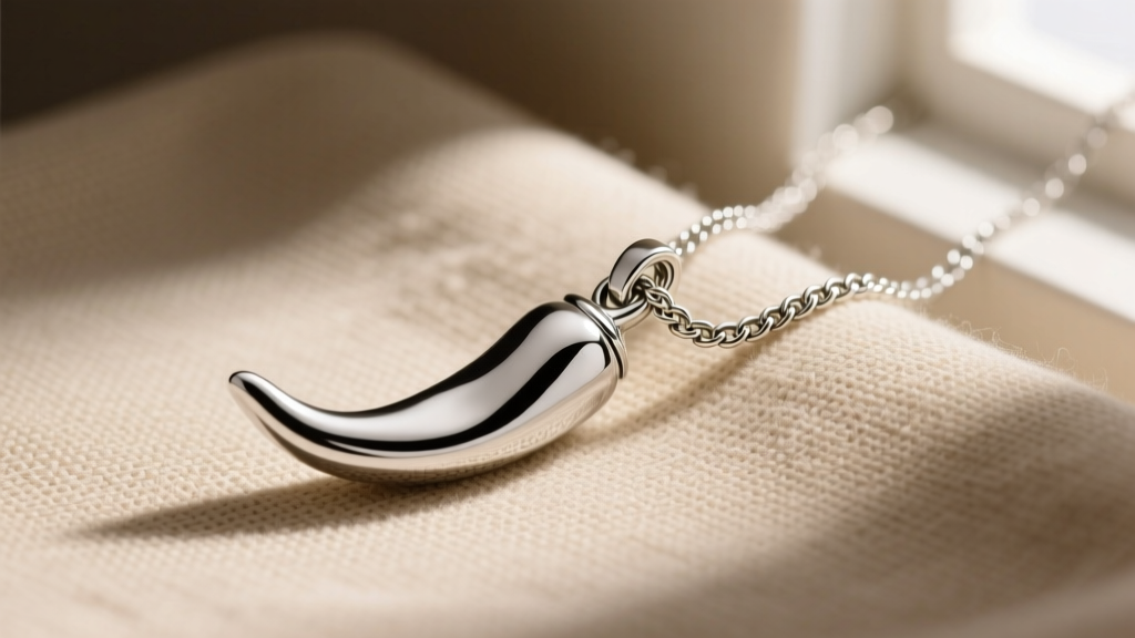 1.2mm Figaro chain through the hidden bail of a silver chili pepper pendant on textured beige linen in soft natural window light.