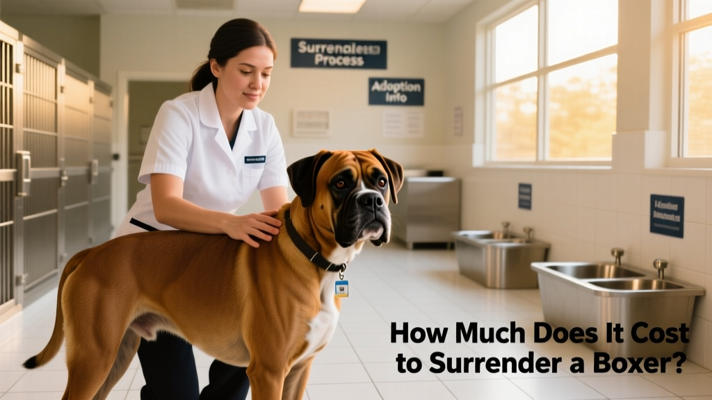 A shelter staff member gently interacting with a Boxer in a clean, bright kennel area