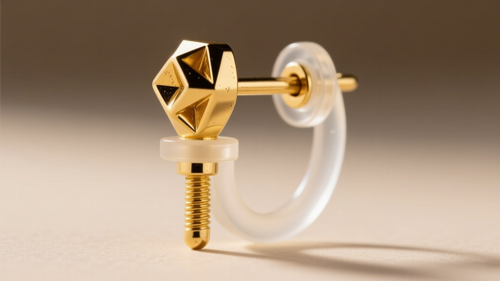 Close-up of an 18-gauge gold earring post secured with a clear silicone O-clutch back, supporting a top-heavy motif design