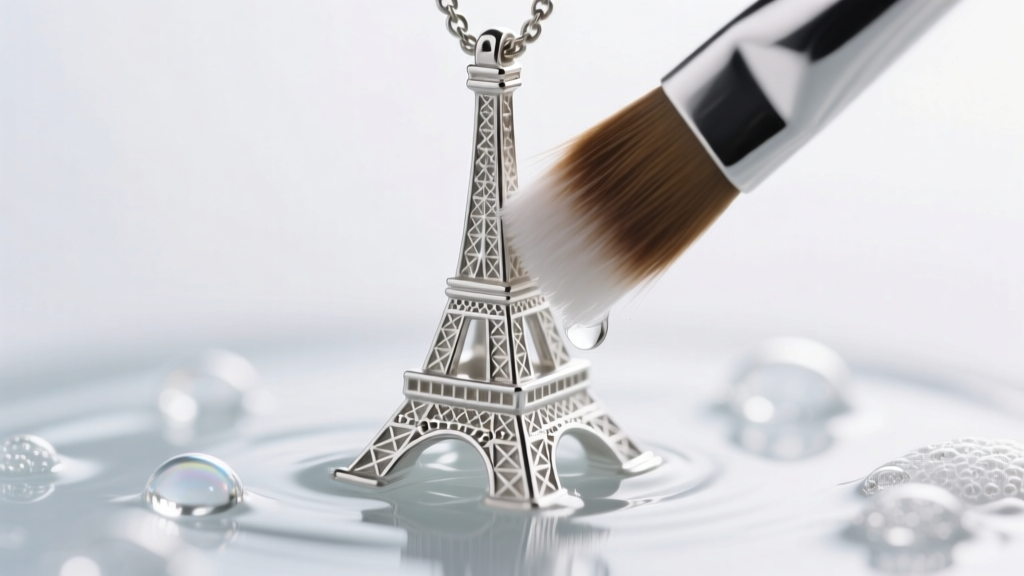 Macro shot of a soft brush gently cleaning the tiny crevices of a sterling silver Eiffel tower pendant using mild soapy water.