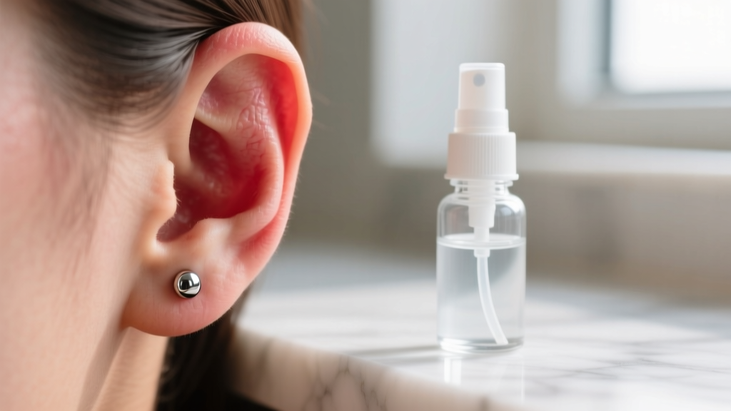 Macro shot of an irritated earlobe with a titanium stud, beside a sterile saline spray bottle on a clean white marble counter.