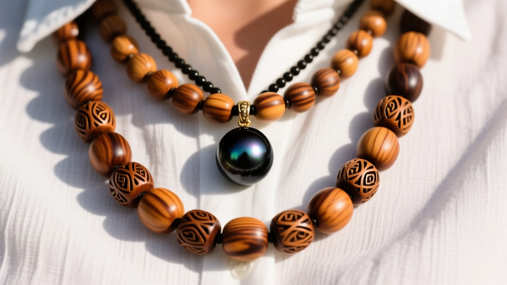 Layered luau necklaces featuring a Tahitian black pearl pendant and carved Koa wood beads resting on a crisp white linen shirt.