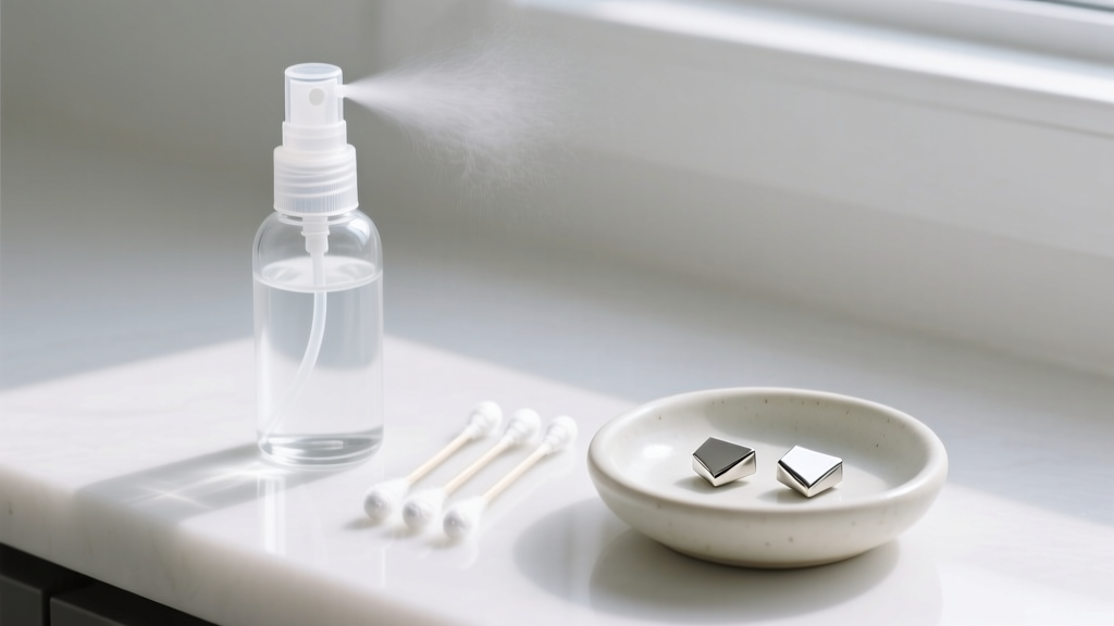 Sterile saline spray bottle and cotton swabs on a white counter next to a small ceramic dish holding titanium flat back earrings