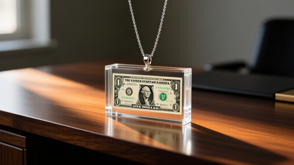 Glass-encased dollar bill pendant on a silver chain, illuminated by soft natural light while resting on a dark oak wood desk.
