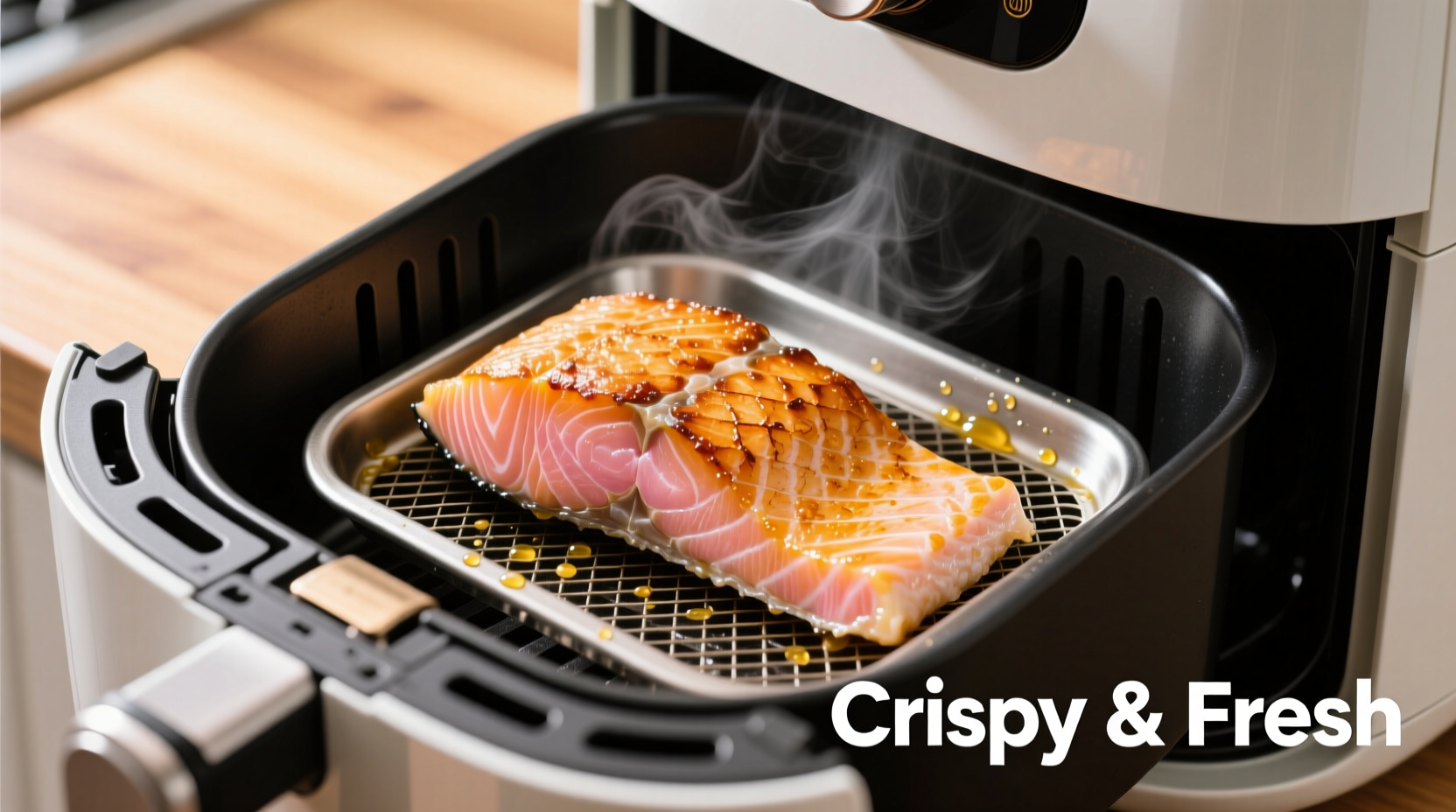 Crispy salmon fillet in air fryer basket