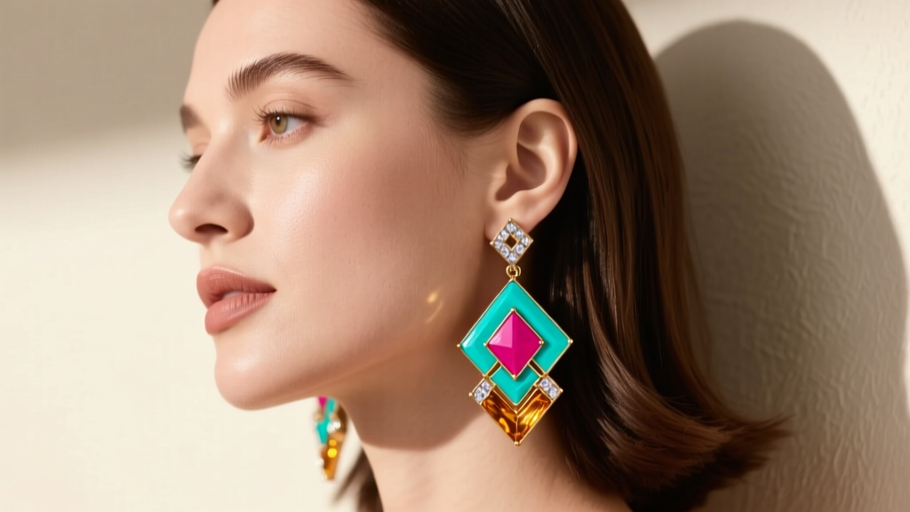 Side profile of a woman wearing colorful enamel dangle earrings, with soft sunlight illuminating the vibrant resin and zirconia