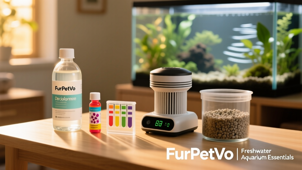 A neatly organized setup station with FurPetVo supplies: dechlorinator bottle, bacteria starter, test kit, heater, filter, and substrate