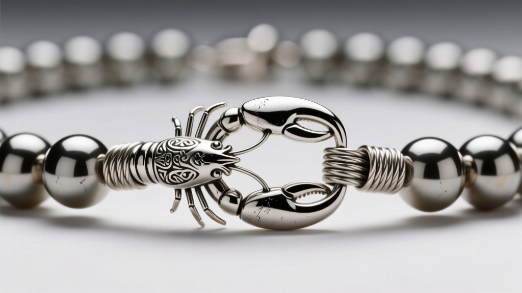 Detailed view of a heavy bead necklace clasp featuring a sterling silver lobster clasp and protective French wire on a nylon cord.
