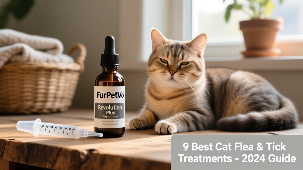 Bottle of FurPetVo Revolution Plus topical solution next to a measuring applicator and calm cat
