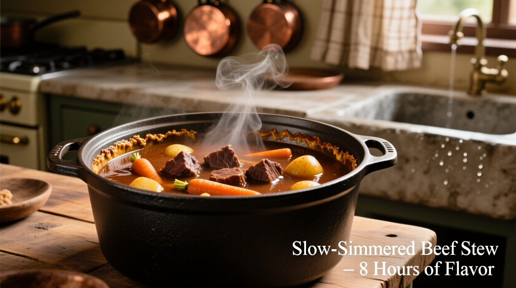 Beef stew simmering gently in Dutch oven