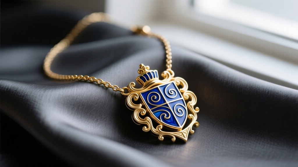 Macro shot of a 14k gold coat of arms necklace with deep blue guilloché enamel, resting elegantly on dark charcoal silk fabric