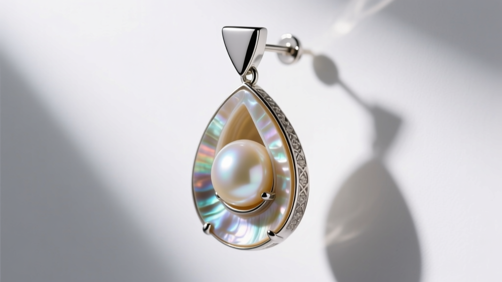 Technical diagram of a teardrop pearl earring anatomy, highlighting nacre layers, internal nucleus, and a modern metal cap setting