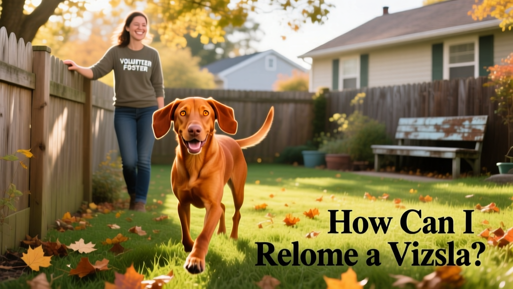 A Vizsla happily exploring a fenced backyard with a volunteer foster caregiver nearby