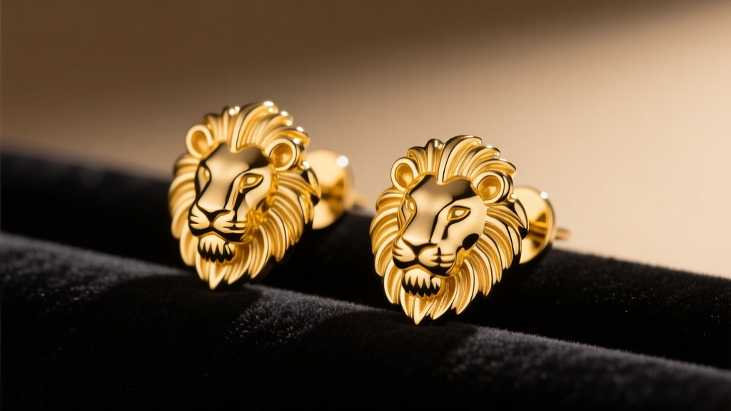 18k yellow gold lion head stud earrings with intricate mane detailing on dark velvet under warm studio lighting