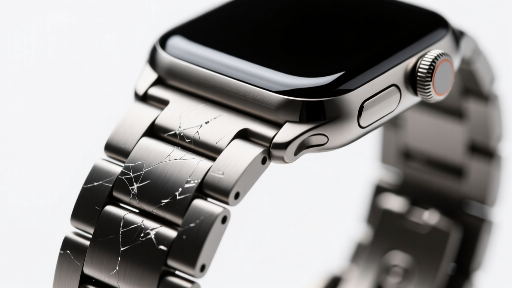 Close-up macro shot of a titanium smartwatch link bracelet showing micro-scratches on the clasp mechanism under harsh studio lighting