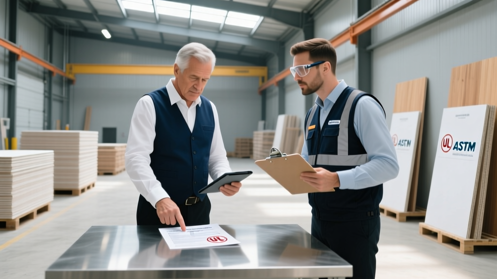 Construction inspector reviewing UL certification documents and ASTM test reports with a gypsum board supplier in a commercial warehouse