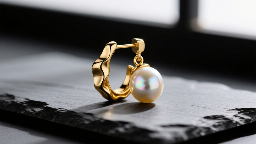 Close-up of 14k gold vermeil and baroque freshwater pearl drop earring on dark slate, showing irregular ridges and bright luster.