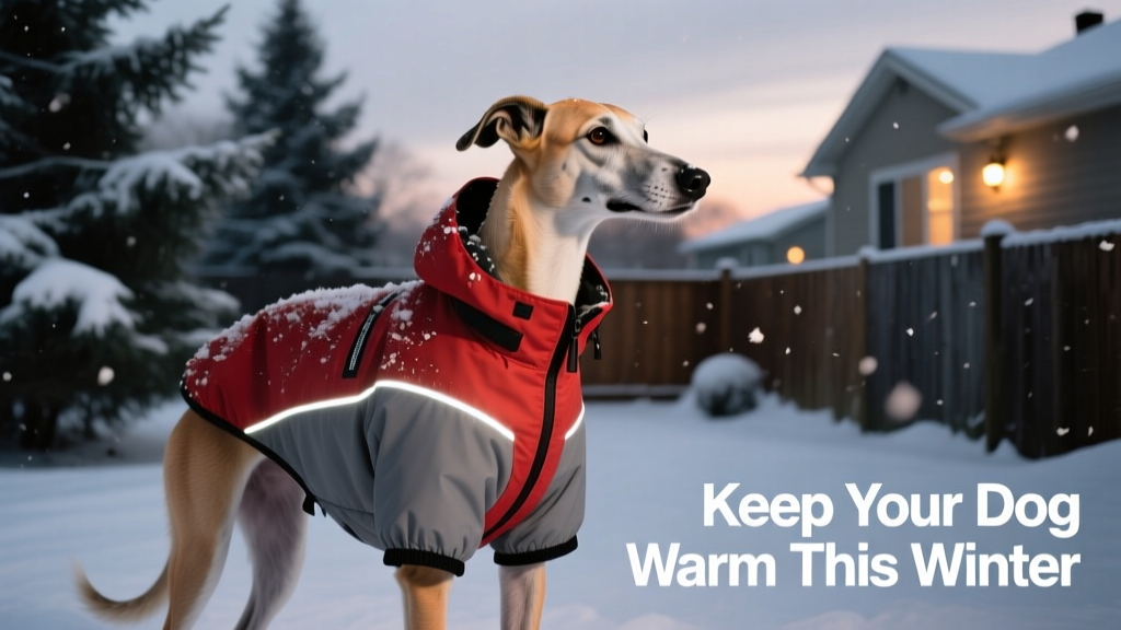 A Greyhound wearing a snug, water-resistant red-and-gray dog jacket while standing in light snow
