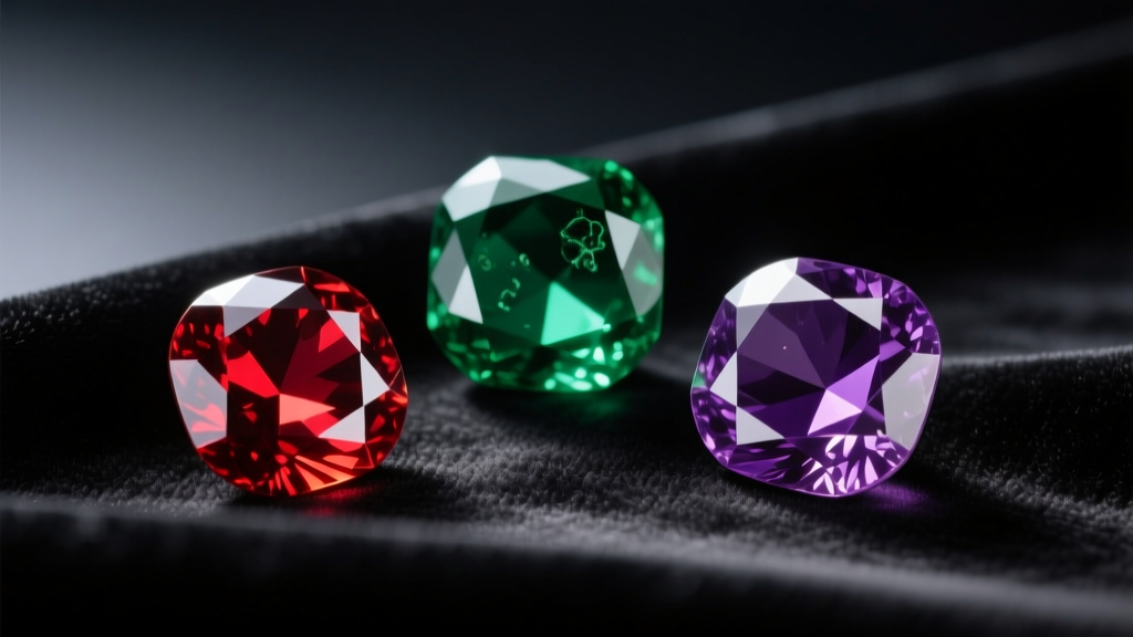 Macro shot of three gemstones with varying clarity, including a lab ruby, emerald, and amethyst on dark velvet fabric.