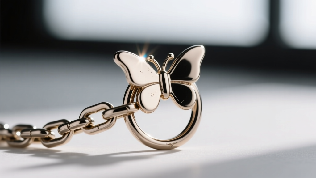Macro view of a 1.2mm rolo chain lobster clasp on a butterfly jump ring, showing secure soldering and bright metal polish.