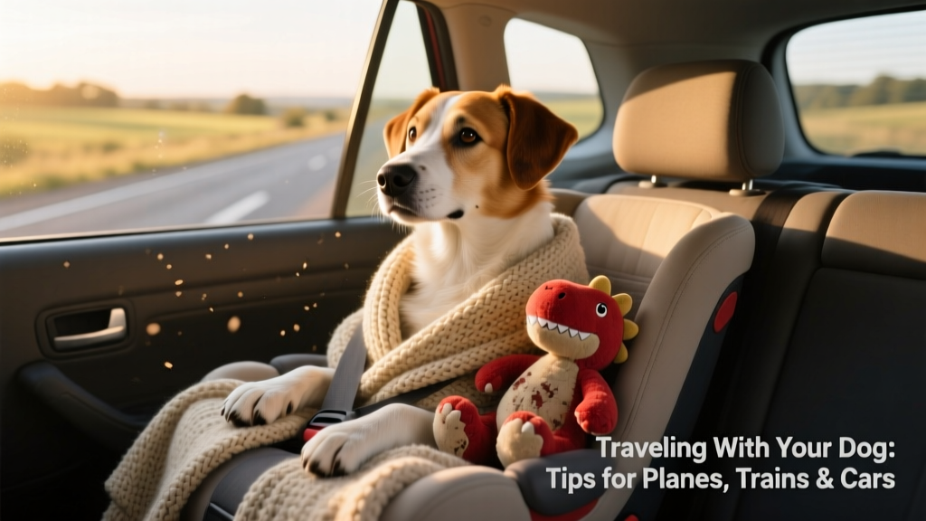 A calm, well-restrained dog sitting comfortably in a car seat with a soft blanket and favorite toy nearby