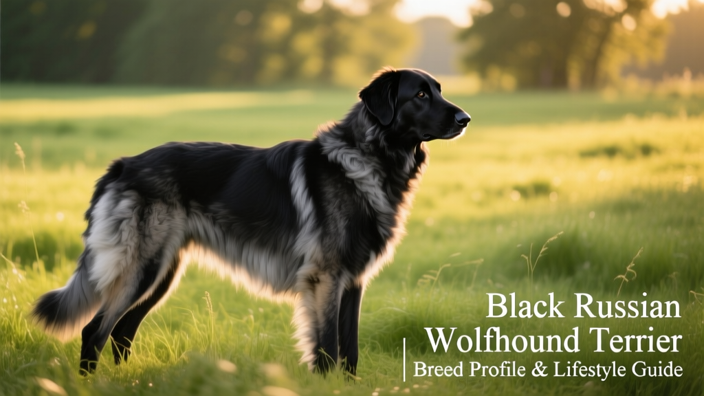 Side profile of a Black Russian Wolfhound Terrier standing alert in a grassy field