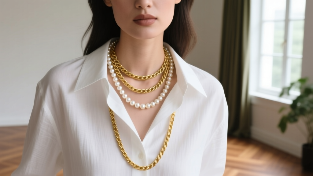 Layered necklace look featuring a gold cable chain and a pearl rosary, styled with a crisp white linen button-down collared shirt.