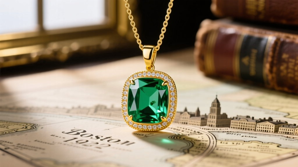 Close-up of a 2-carat Colombian emerald pendant set in 18k yellow gold, resting on a vintage map of Boston jewelry district