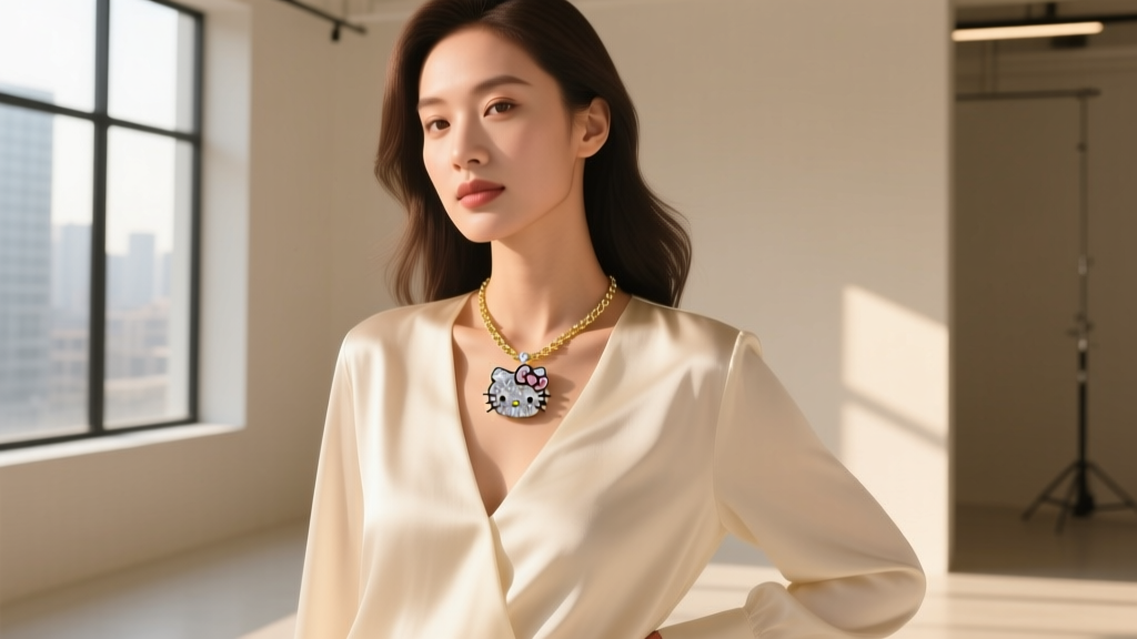 Woman wearing a delicate diamond Hello Kitty necklace layered with a plain gold chain, styled over a cream silk V-neck blouse in daylight.
