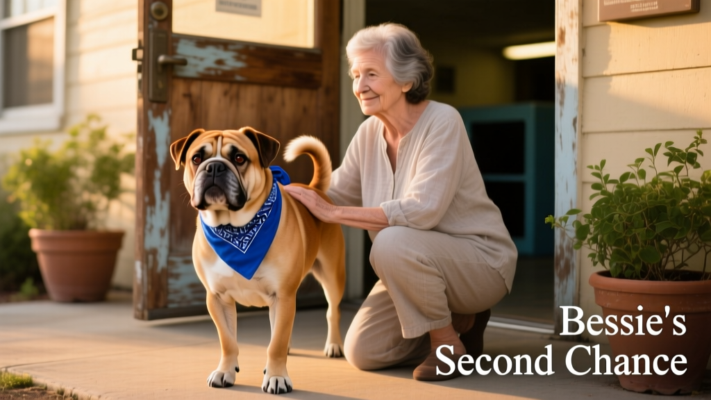 Bessie, a soft-eyed bulldog mix, standing beside Stacy at the shelter entrance, wearing a bright blue bandana and looking calmly hopeful