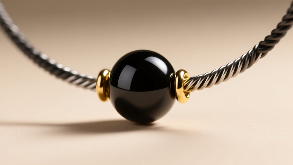 Extreme close-up of a Mangalsutra black onyx bead and gold spacer threaded on PTFE-coated steel wire, highlighting the crimp bead.