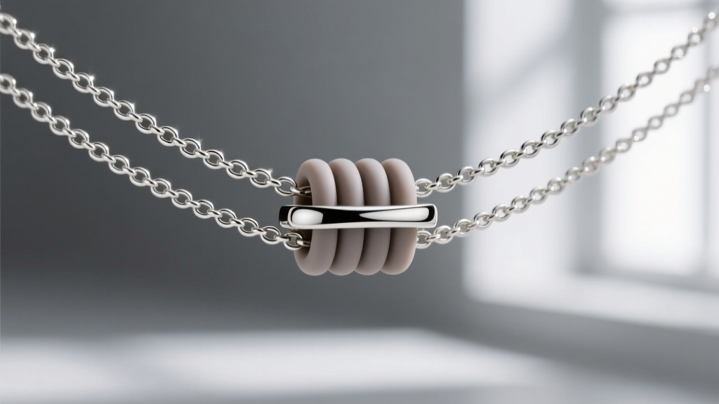 Macro shot of a silicone multi-strand necklace spacer clasp holding three delicate silver chains neatly separated to prevent knots