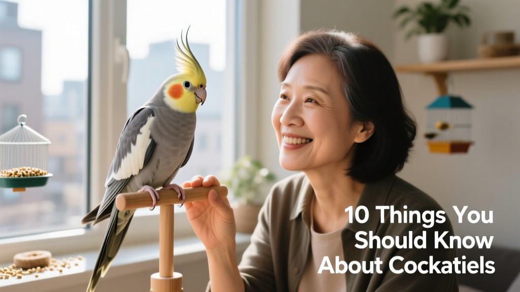 Senior cockatiel with soft gray feathers and calm demeanor, perched comfortably on a hand-held perch next to a smiling owner