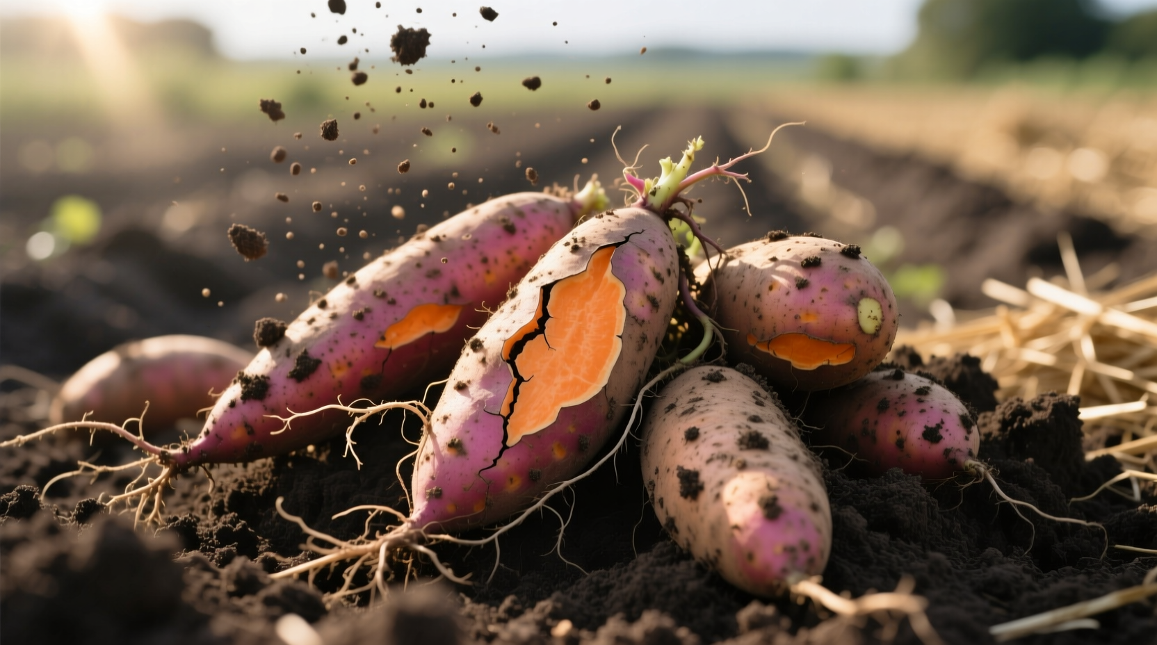 Freshly harvested sweet potatoes with soil still on them