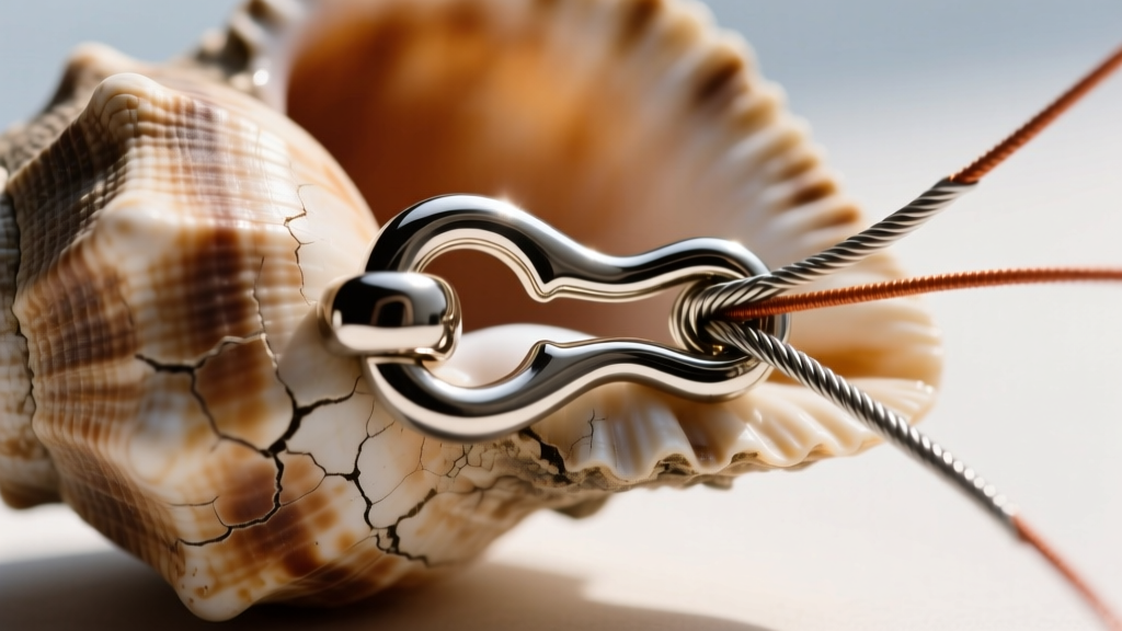 Macro shot of a steel lobster clasp on a 0.019-inch nylon-coated wire threading through a thick drilled puka shell edge