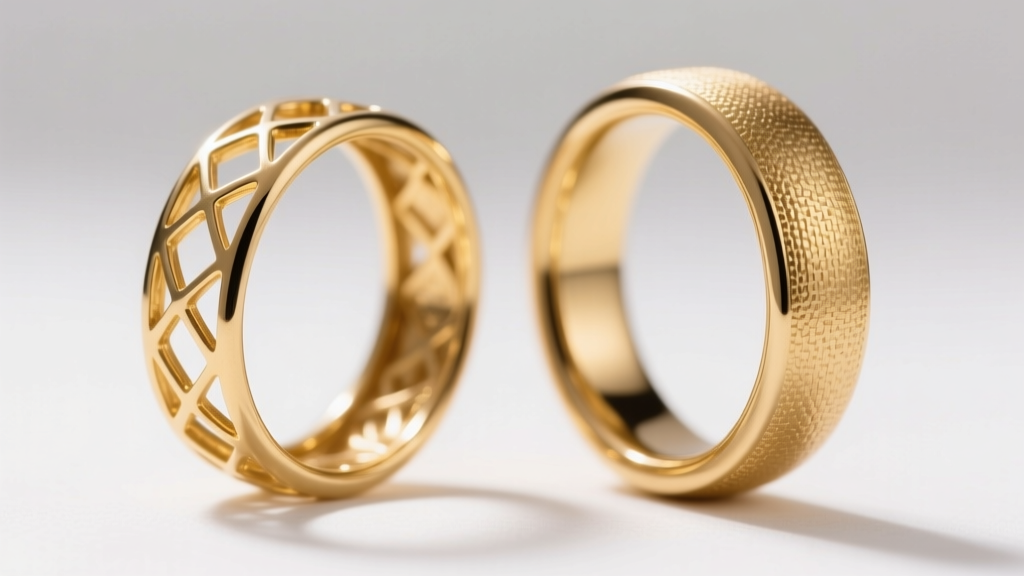 Macro cross-section of an electroformed hollow gold hoop beside a solid cast hoop, revealing internal structural weight differences