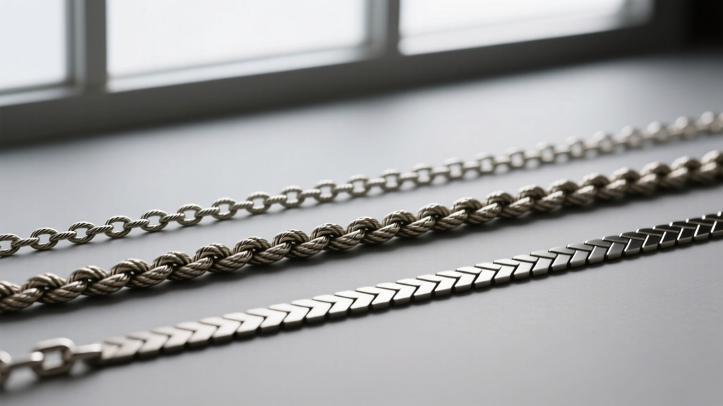 Studio photo comparing a delicate cable chain, sturdy rope chain, and flat herringbone chain laid on a neutral grey background.