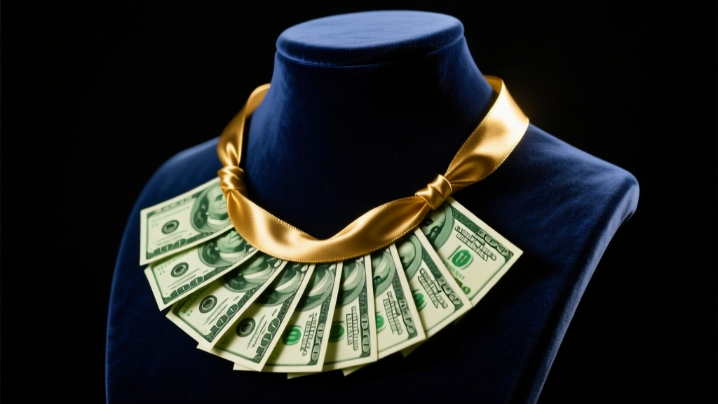 Crisp dollar bills and gold ribbon forming a graduation money necklace on a dark velvet bust under warm studio lighting