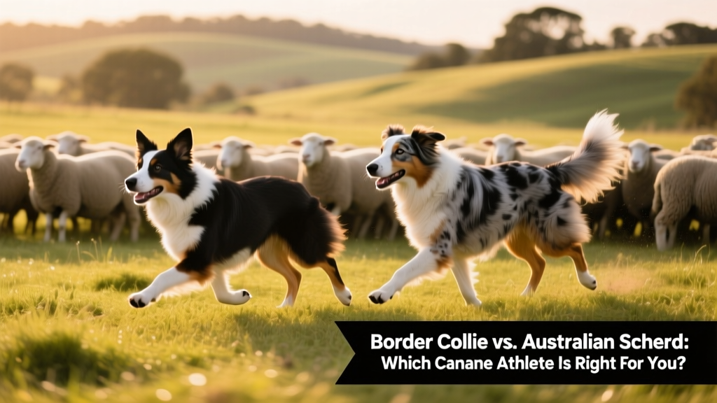 Two working dogs—a Border Collie and an Australian Shepherd—herding sheep in a grassy field