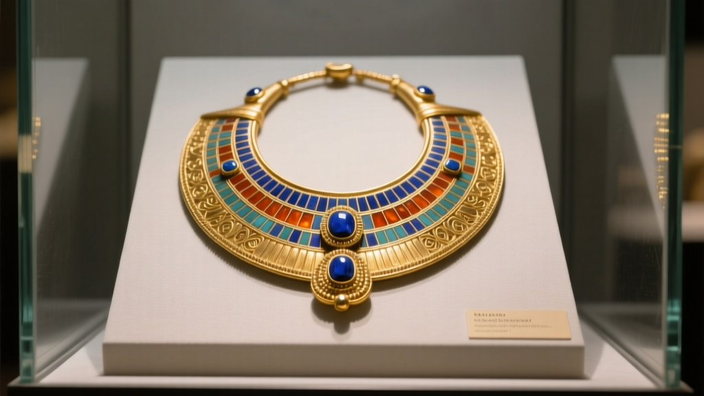 A museum-lit display case featuring an authentic ancient Egyptian gold pectoral necklace with lapis lazuli and carnelian inlays.