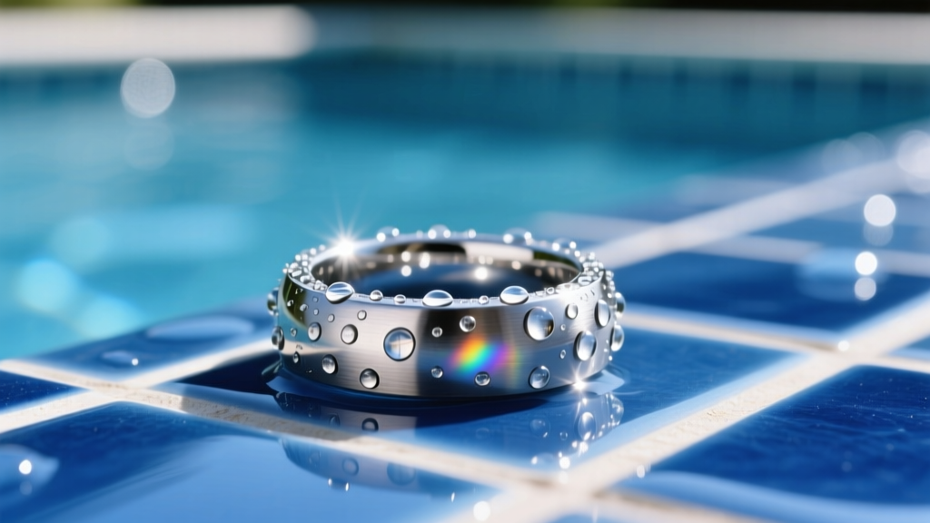 Macro shot of a brushed titanium ring resting on blue pool tiles, glistening with water droplets under bright sunlight.