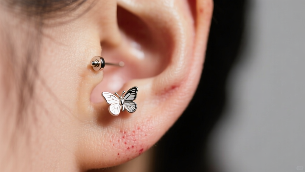 Close-up of an earlobe wearing a butterfly friction earring, highlighting tight fit and skin redness around the metal post area