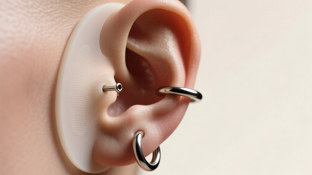 Diagram of an earlobe reinforced with a silicone pad, supporting a thick 6-gauge steel hoop earring under clinical lighting.
