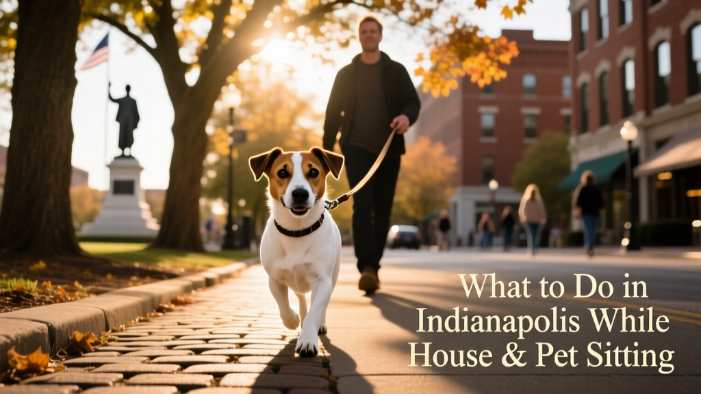 A friendly Jack Russell Terrier walking confidently down a tree-lined Indianapolis sidewalk on a leash